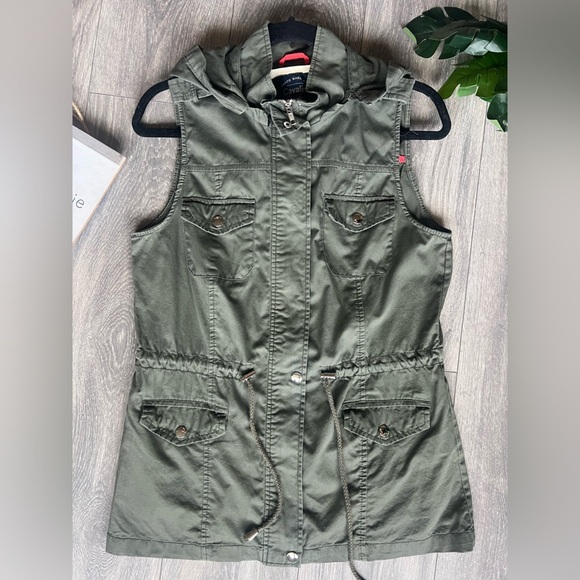 Cavalini Army Green Hooded Cotton Utility Vest w Toggle Drawstring Waist Sz PM - Picture 3 of 12